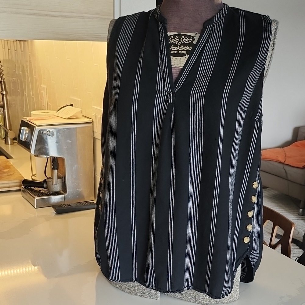 A New Day Linen Blend Black with White Pin Stripes Tank
